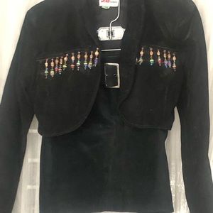 🌞 S&U Leather Fashions Vintage 80s black suede leather skirt suit beaded S